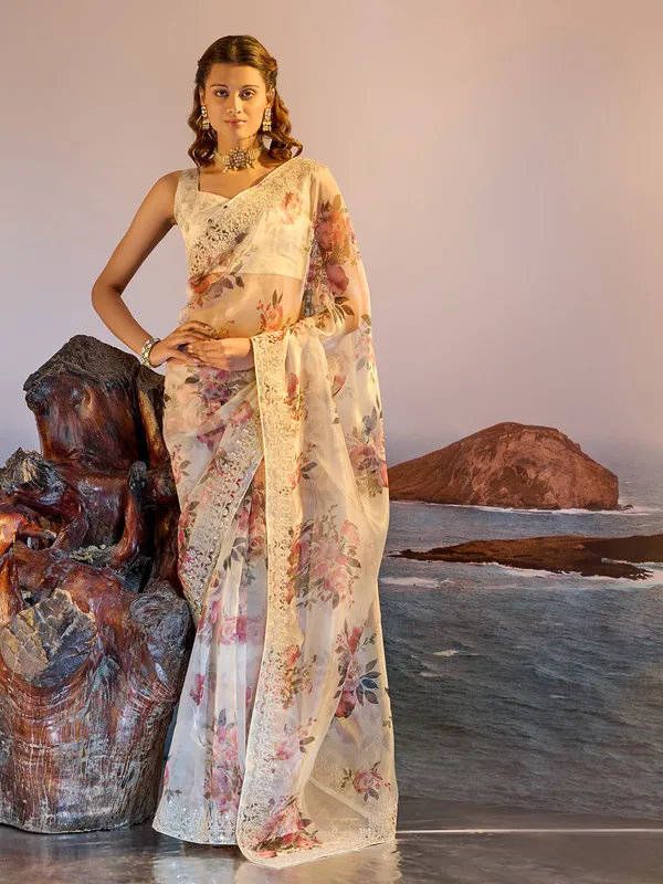 Cream printed tissue silk saree