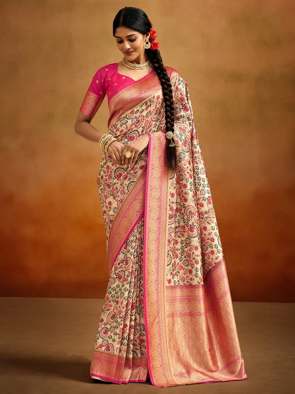 Cream printed tusser silk saree