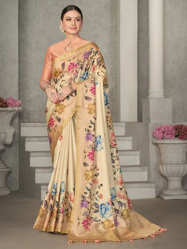 Cream printed tussur silk saree