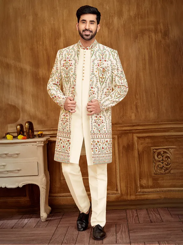 Cream raw silk indowestern with exquisite embroidery for men