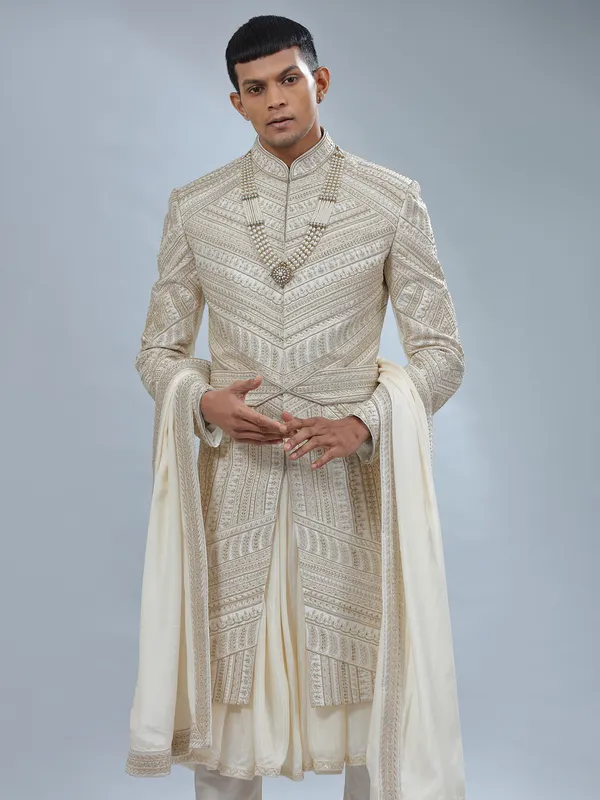 Cream raw silk peshwai sherwani for groom