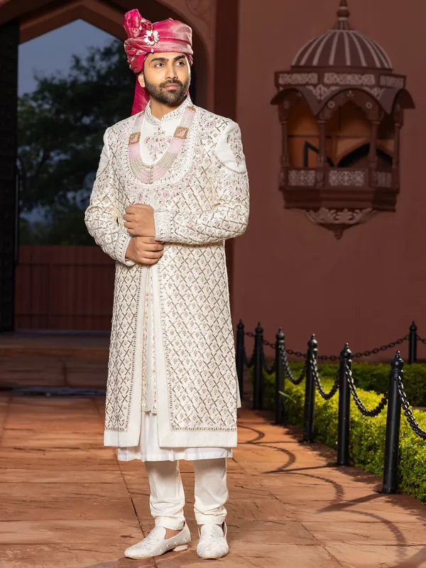 Cream raw silk peshwai style premium sherwani for groom