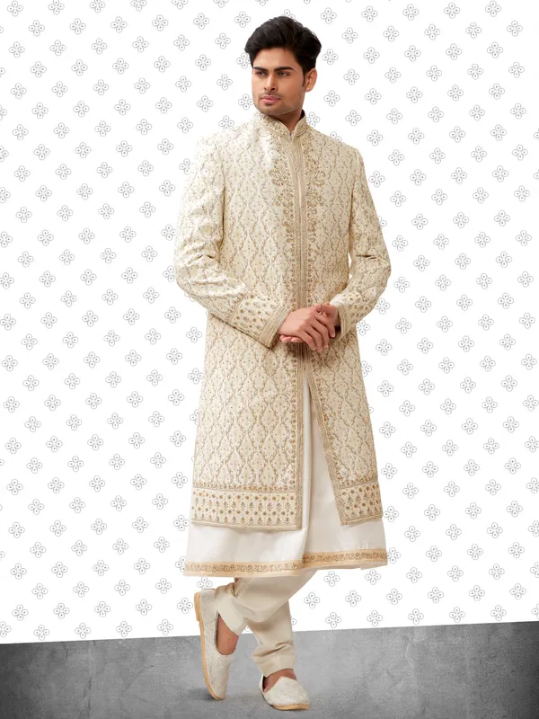 Cream raw silk peshwai style sherwani for groom