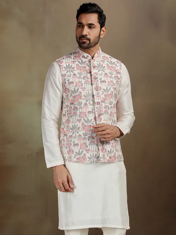Cream raw silk stone work waistcoat set