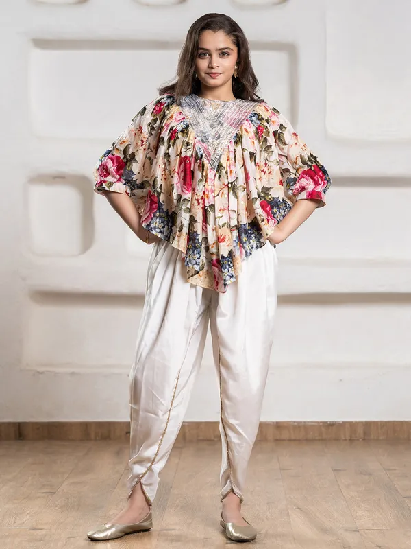 Cream satin dhoti suit with cutdana and sequins
