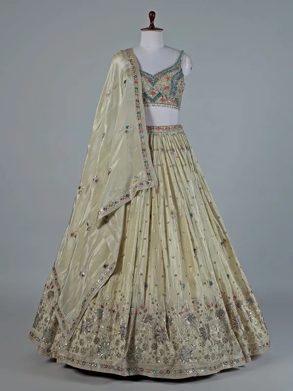 Cream satin silk lehenga choli set