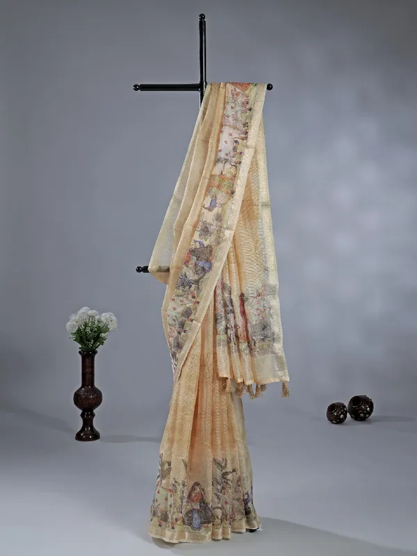 Cream semi cotton saree with unstitched blouse