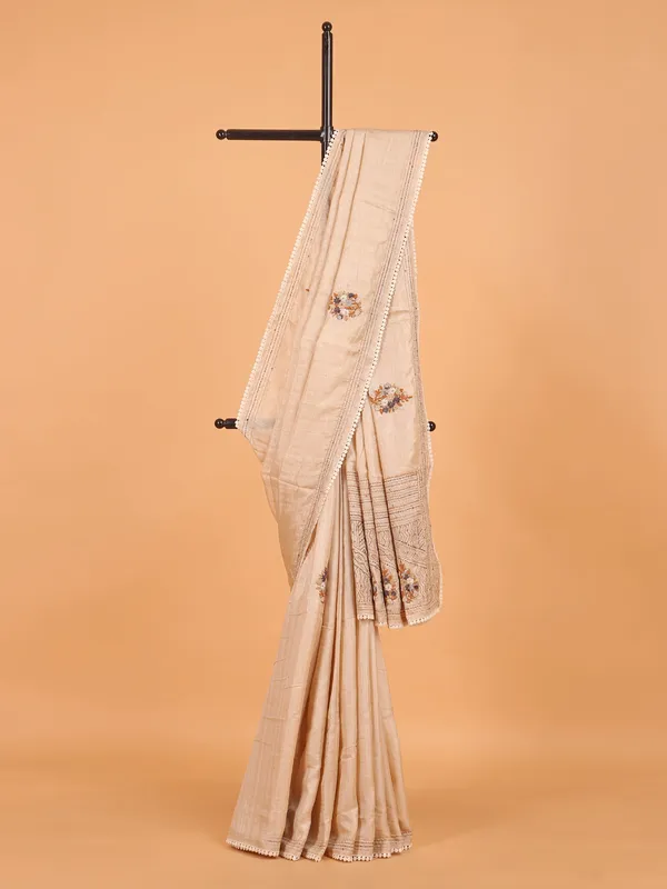 Cream semi cotton silk saree for festive wear