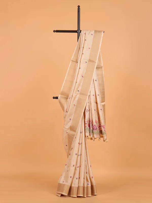 Cream semi cotton silk saree in embroidery weaving