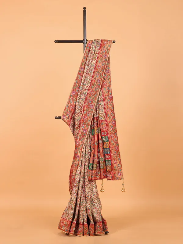 Cream semi pashmina printed saree for wedding