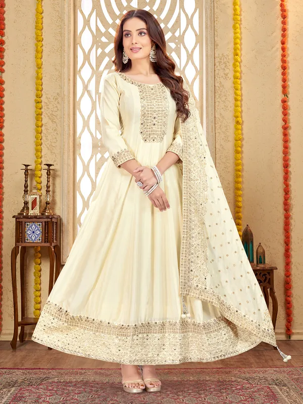 Cream silk anarkali suit with dupatta for women