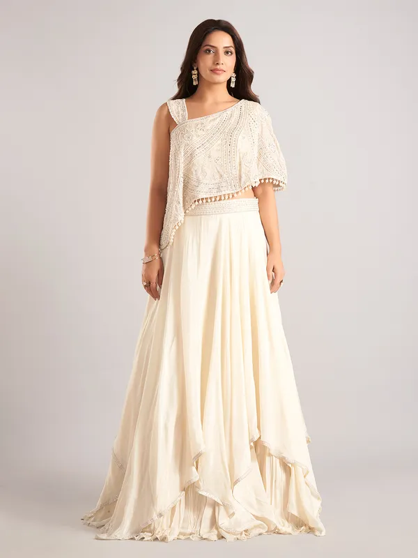 Cream silk designer lehenga choli with mirror work