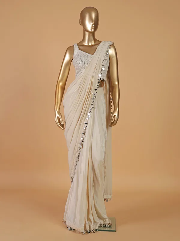 Cream silk designer ready to wear saree