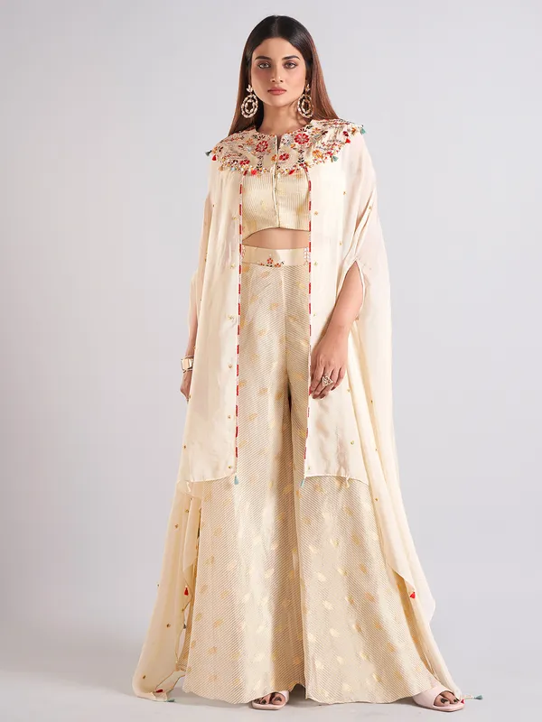 Cream silk embroidery palazzo salwar suit
