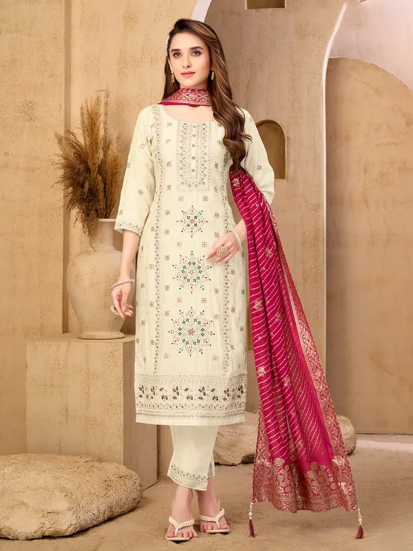 Cream silk festive salwar suit with dupatta grace