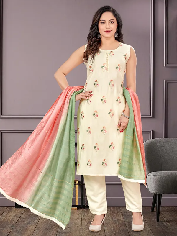 Cream silk floral embroidery salwar suit