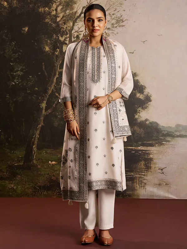 Cream silk kurti set for women