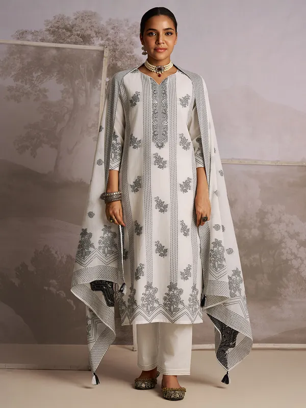 Cream silk kurti set in printed
