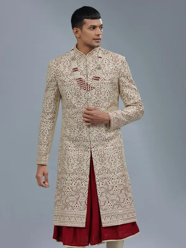 Cream silk peshwai sherwani for groom