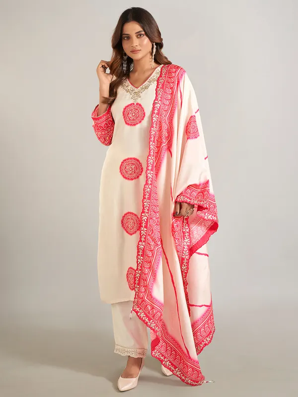 Cream silk printed festive wear salwar suit