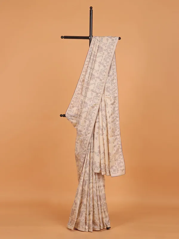 Cream silk printed saree for women