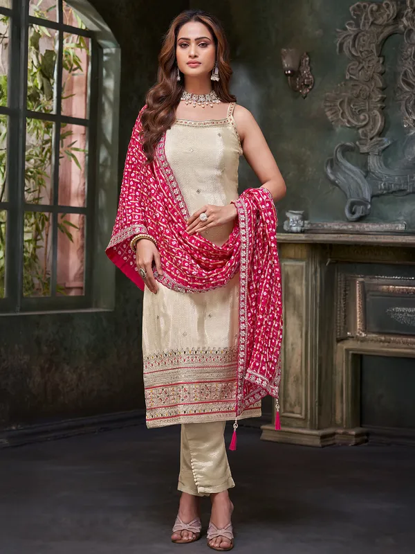 cream silk salwar suit with red dupatta