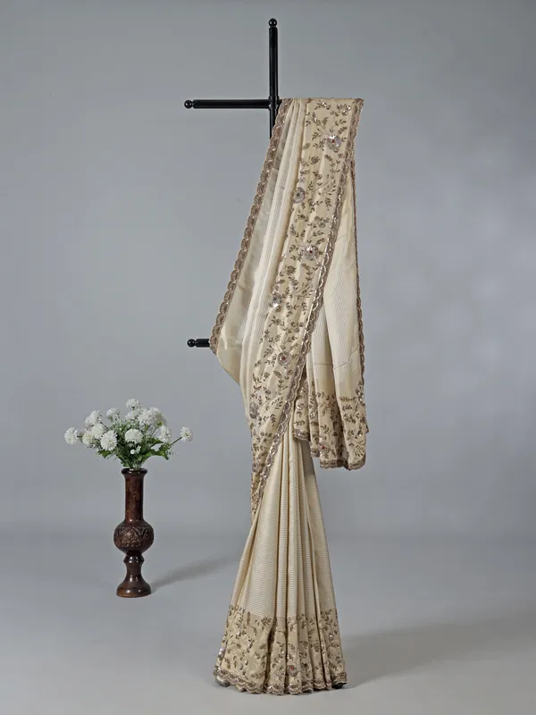 Cream silk saree for women wedding wear