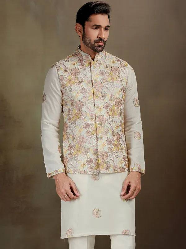 Cream silk sequin waistcoat set for men