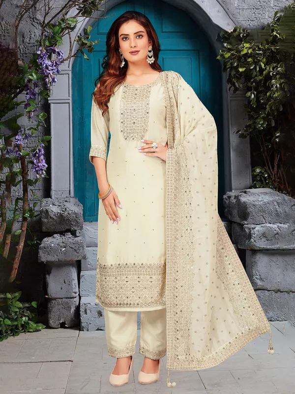 Cream silk sequins worked salwar suit