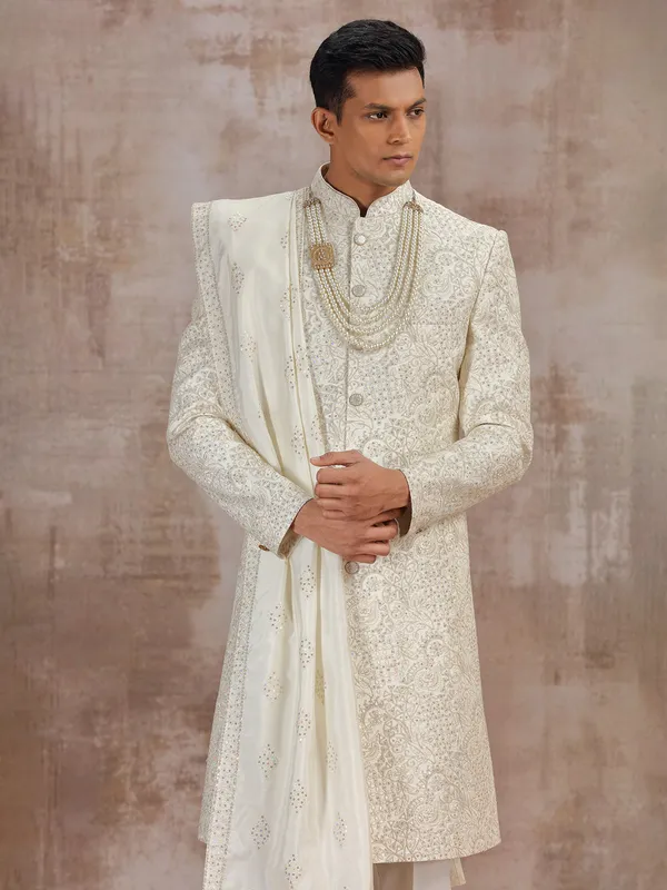 Cream silk sherwani with dupatta for groom