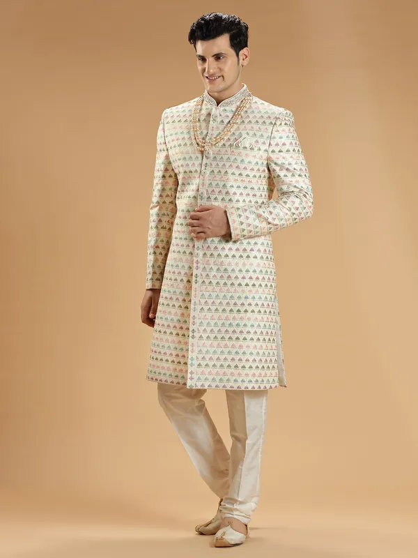 Cream silk sherwani with embroidery