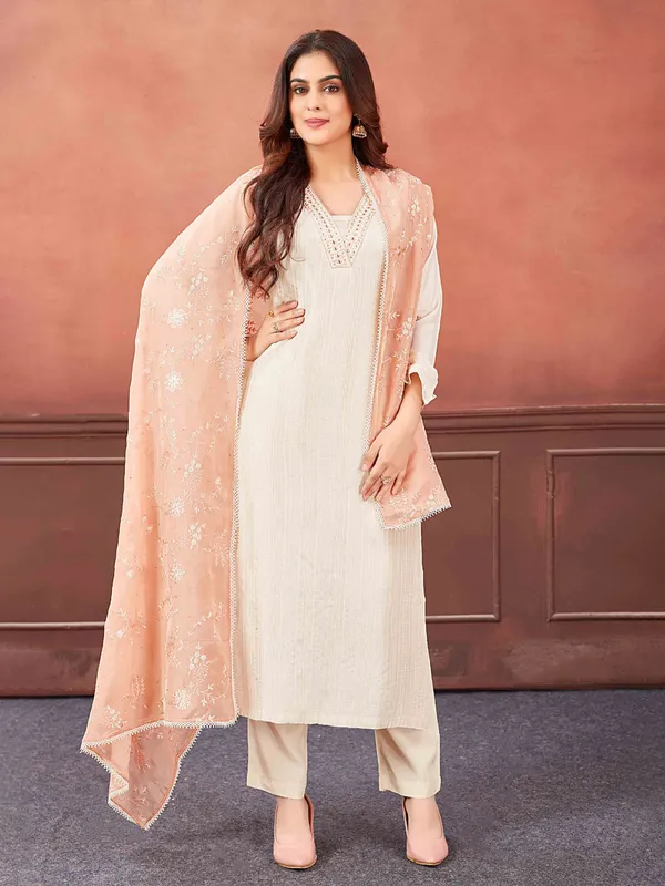 Cream silk straight cut salwar suit