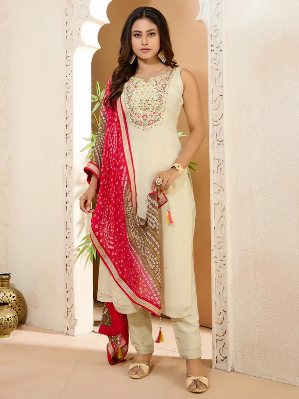 Cream silk straight cut salwar suit for women