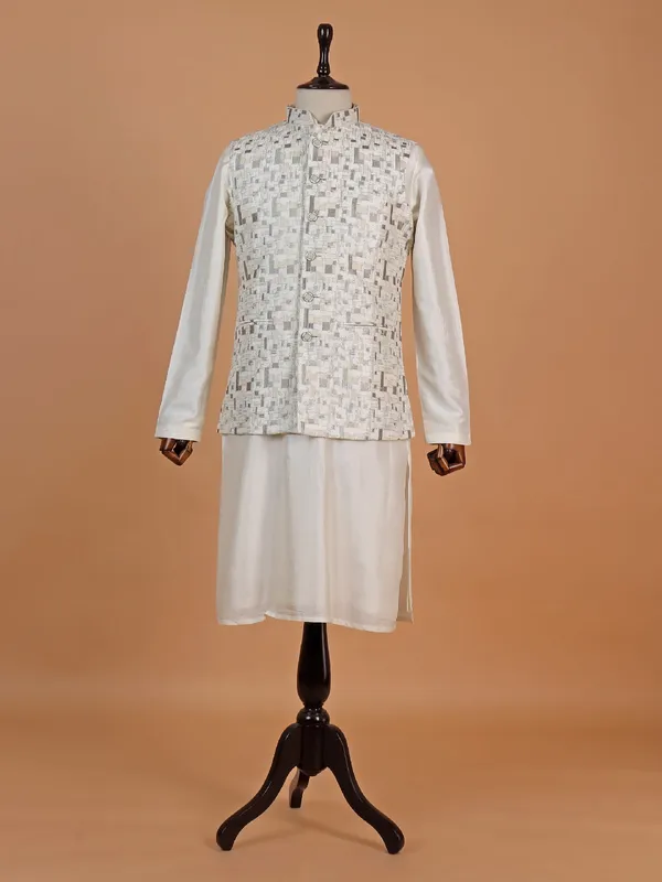 Cream silk textured waistcoat set for man