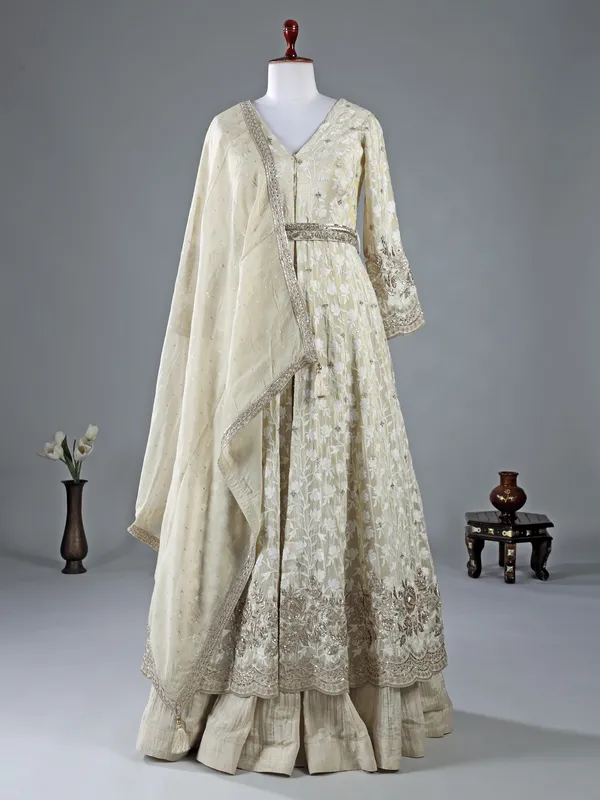 Cream silk thread weaving lehenga suit