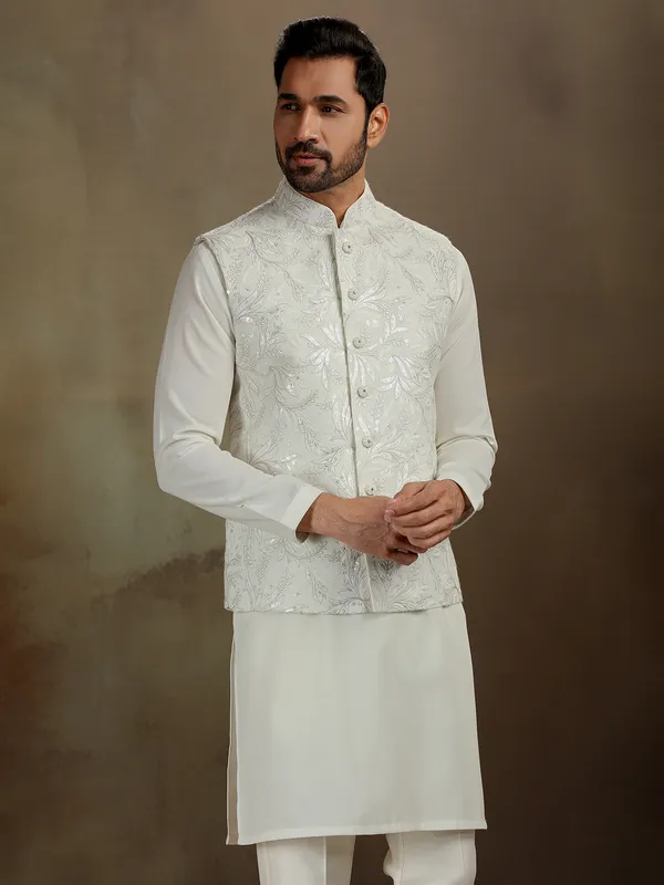 Cream silk thread work waistcoat set for men