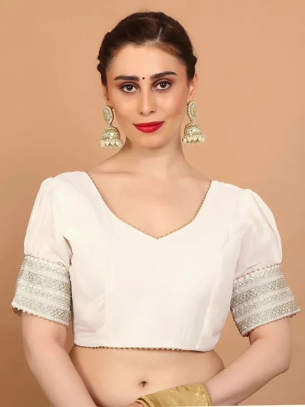 Cream silk V neck ready made Blouse with sequins work