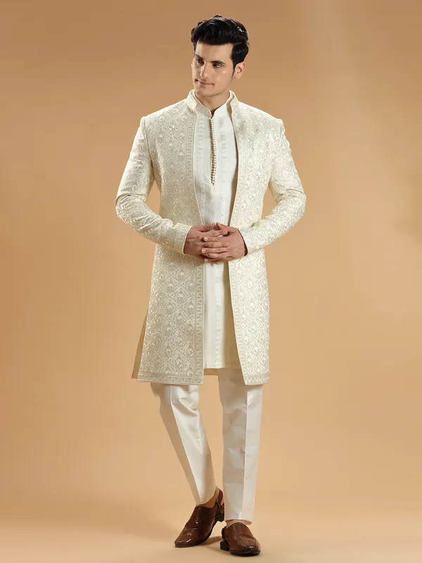 Cream silk wedding look men indowestern