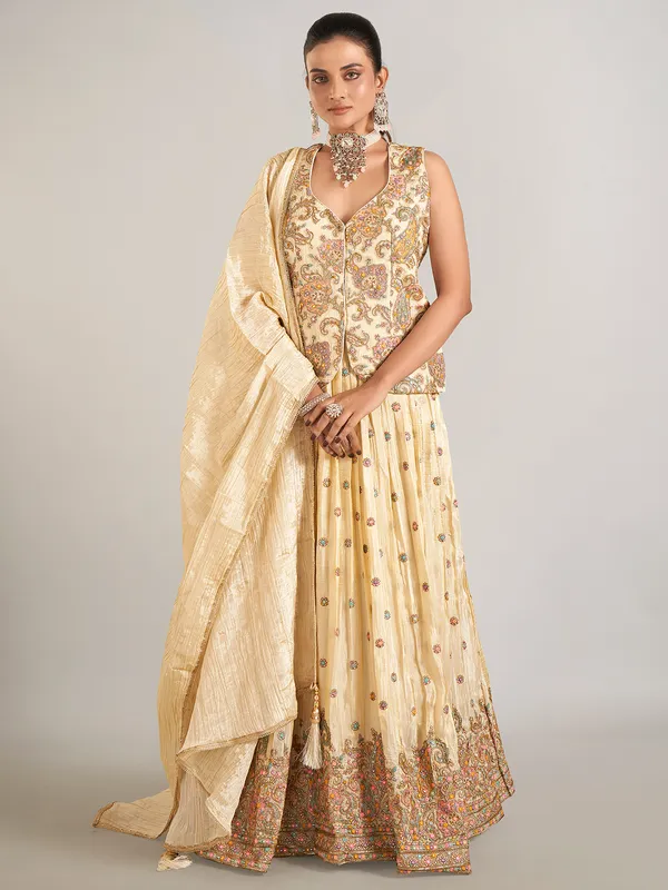 Cream silk wedding wear lehenga choli for women