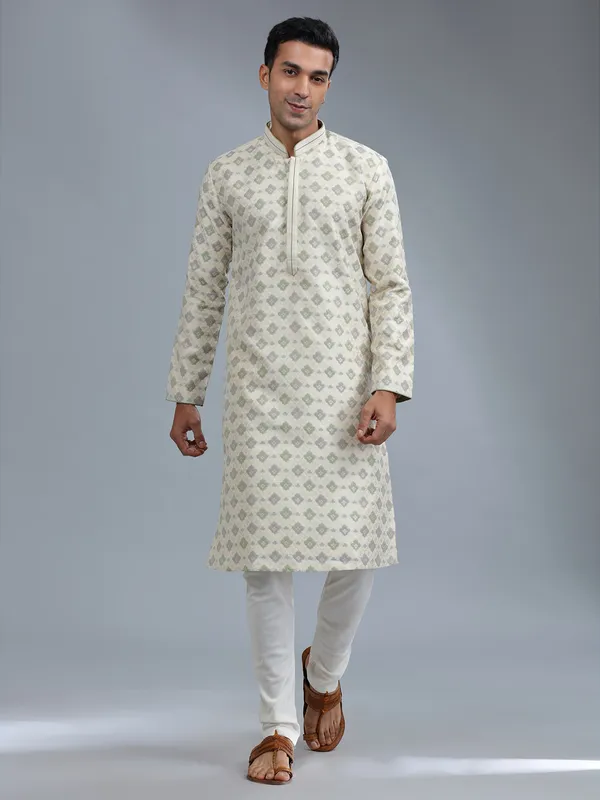 Cream silk zari weaving kurta pajama