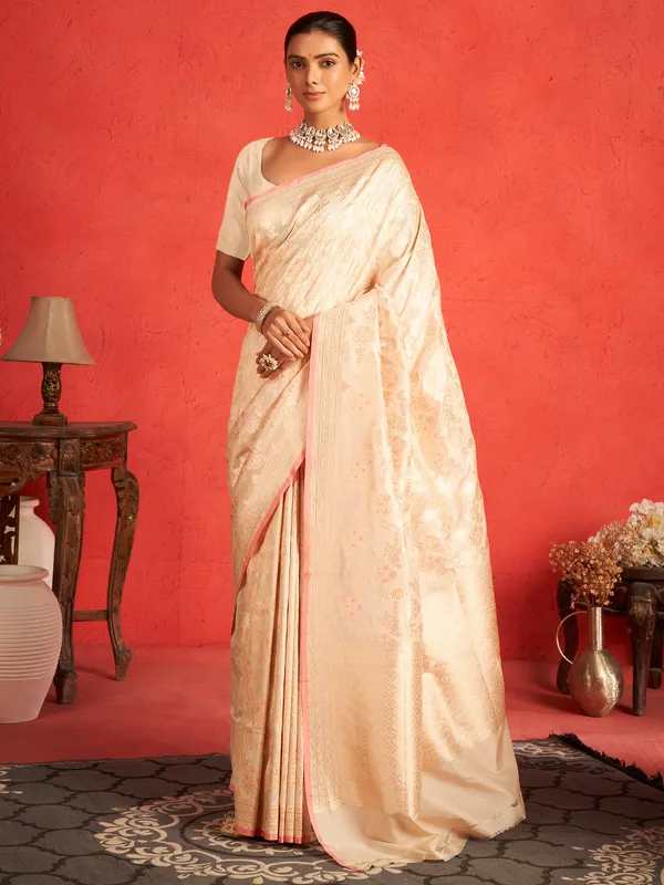 Cream pure banarasi upada silk zari worked saree
