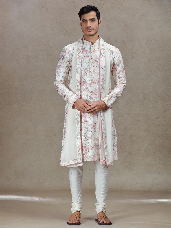 Cream sophisticated elegance printed kurta suit in tussar silk