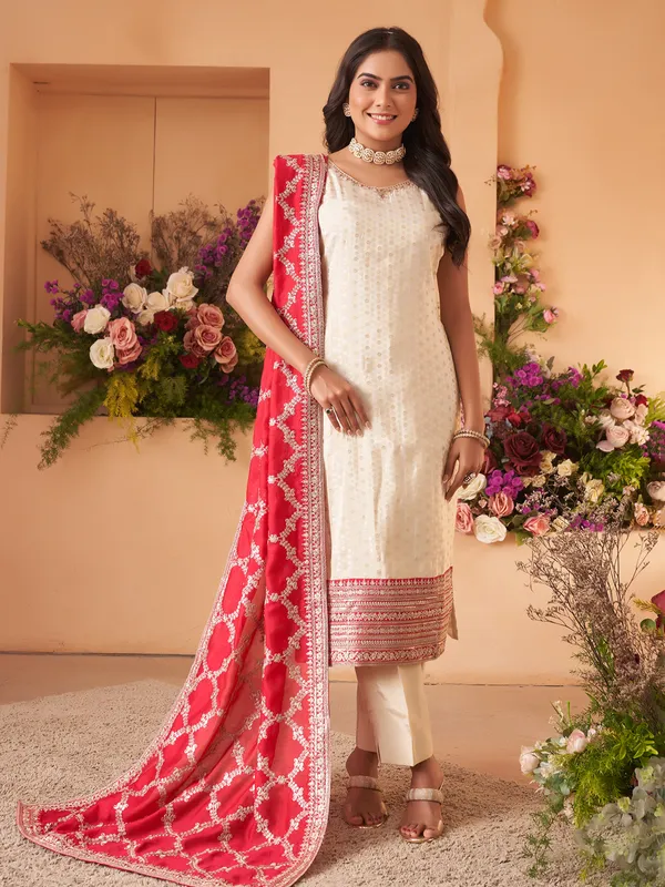 Cream straight cut salwar suit with dupatta