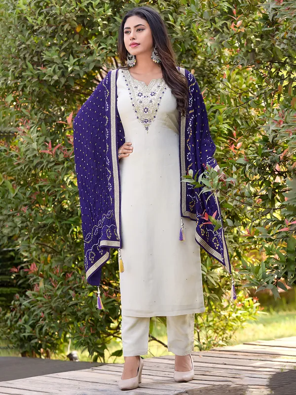 Cream straight cut silk salwar suit for festive