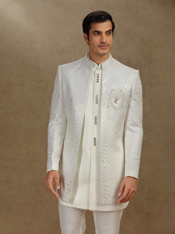 Cream terry rayon indo western for mens wedding wear
