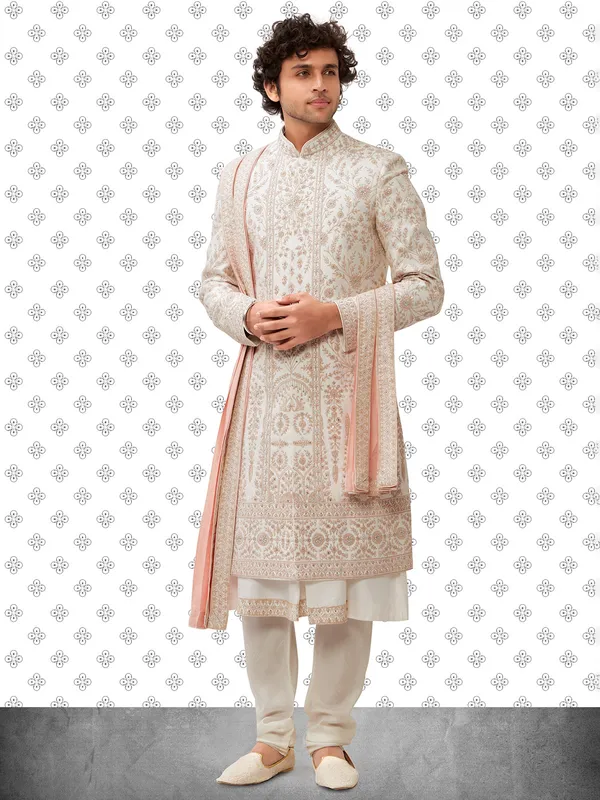Cream terry rayon peshwai sherwani form men