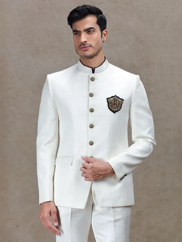 Cream textured bandh gala jodhpuri suit for men