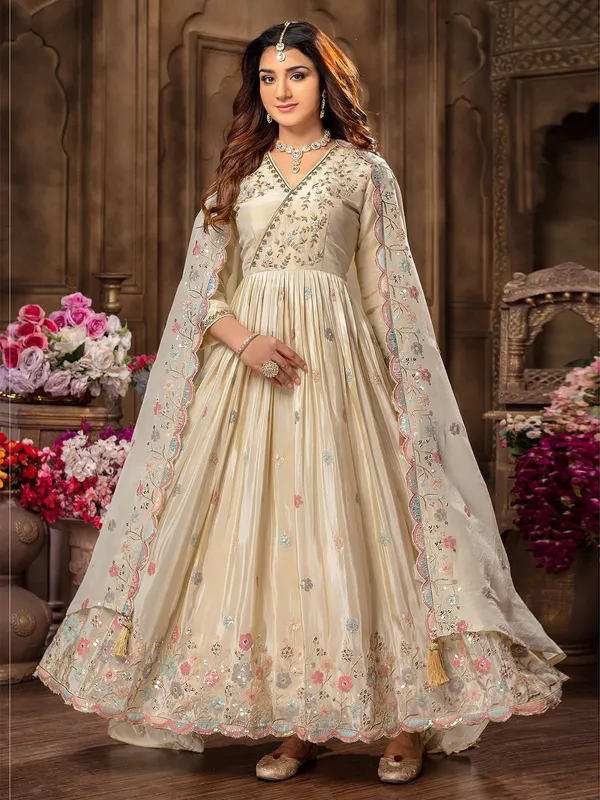 Cream tissue silk anarkali suit for women