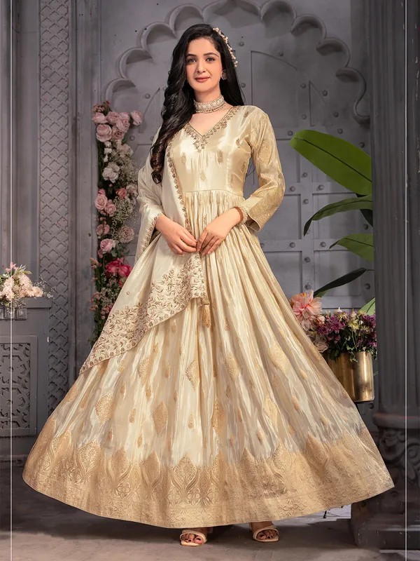 Cream tissue silk anarkali suit with dupatta