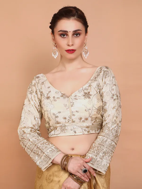 Cream tissue silk embroidered V neck ready made blouse